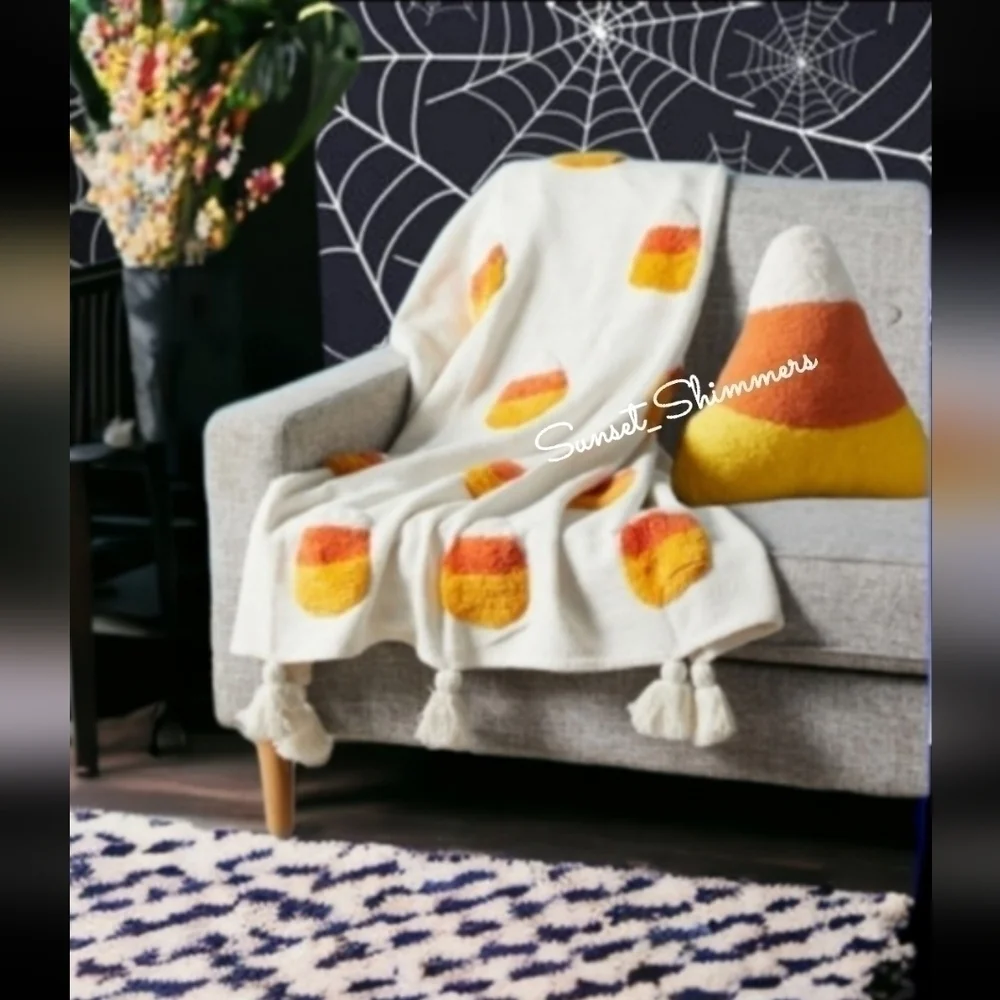 Halloween Candy Corn Decorative Tassel Blanket & Sherpa Throw Pillow Set New